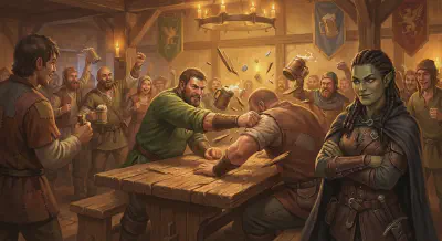 Bancroft shatters the tavern table in an arm wrestling victory