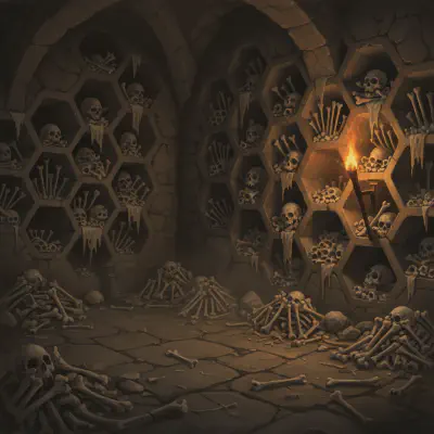 The barrel tomb room, alcoves full of gnawed bones, torchlight casting long shadows